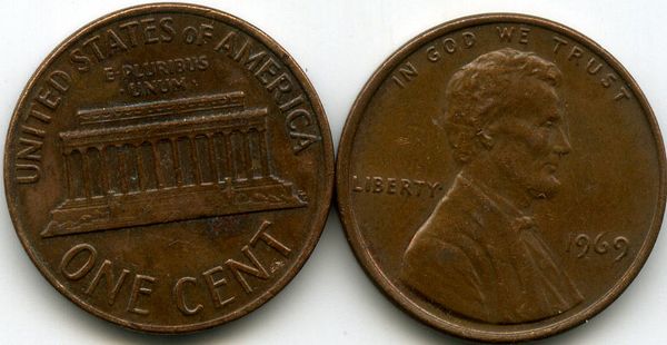 Монета 1 цент 1969г БЗМД США