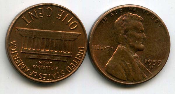 Монета 1 цент 1959г D США