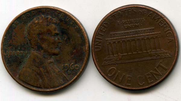 Монета 1 цент 1960г D США