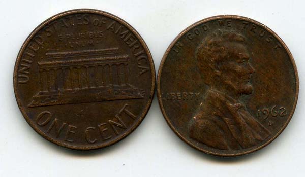 Монета 1 цент 1962г D США
