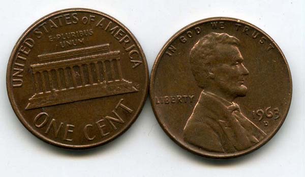 Монета 1 цент 1963г D США