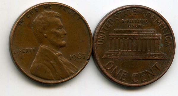 Монета 1 цент 1967г БЗМД США
