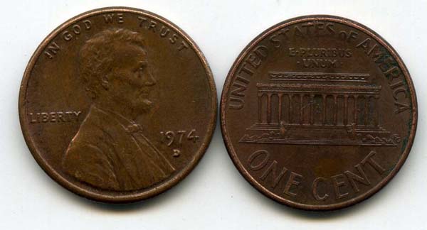 Монета 1 цент 1974г Д США