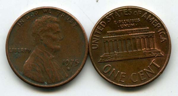 Монета 1 цент 1975г Д США