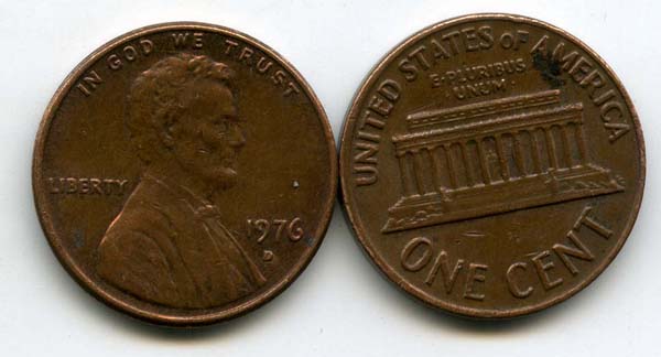 Монета 1 цент 1976г Д США