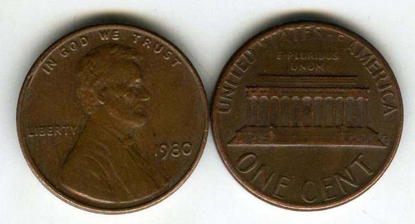 Монета 1 цент 1980г БЗМД США