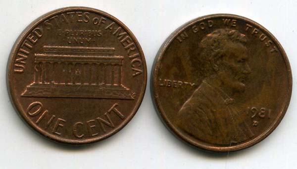 Монета 1 цент 1981г Д США