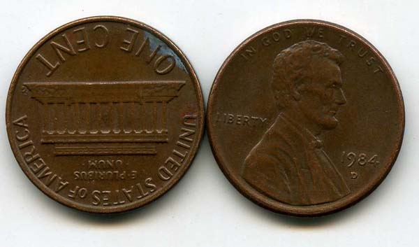 Монета 1 цент 1984г Д США