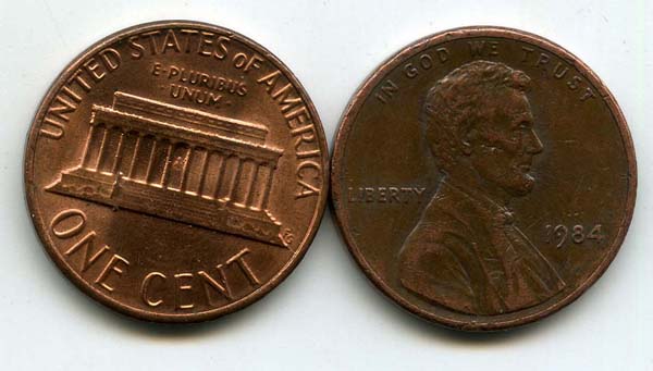 Монета 1 цент 1984г БЗМД США