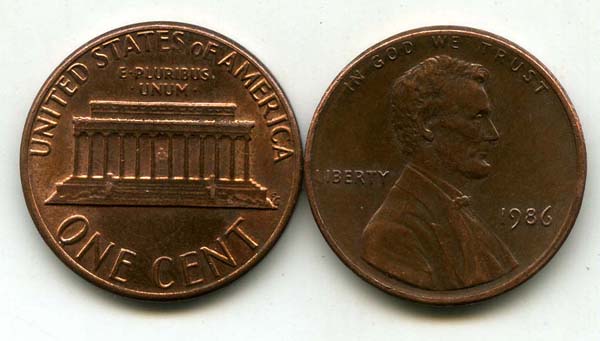 Монета 1 цент 1986г БЗМД США
