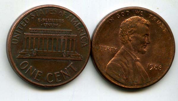 Монета 1 цент 1988г БЗМД США