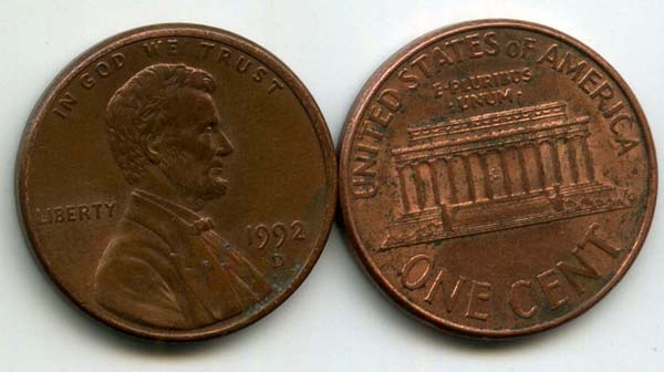 Монета 1 цент 1992г Д США