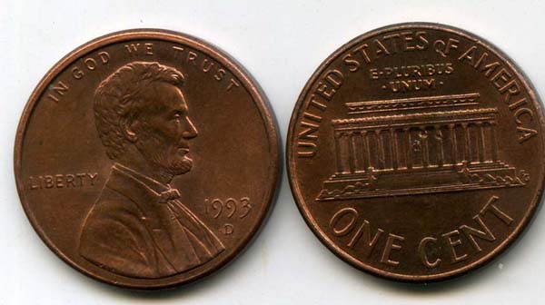 Монета 1 цент 1993г Д США