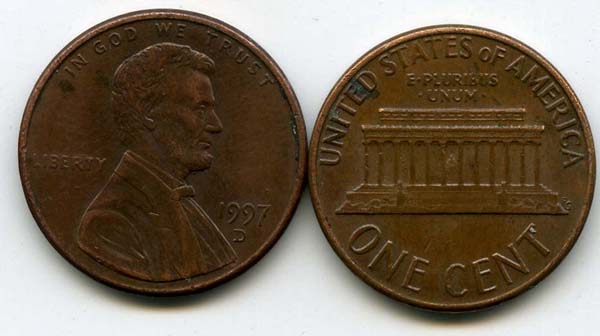 Монета 1 цент 1997г Д США