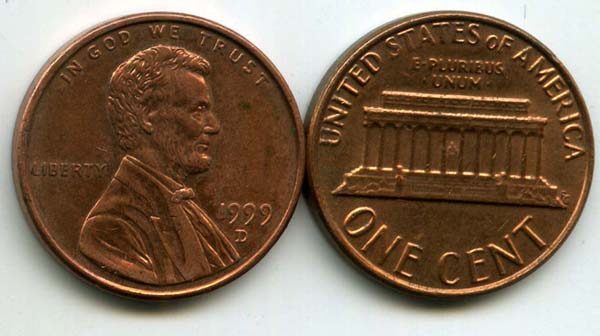 Монета 1 цент 1999г Д США