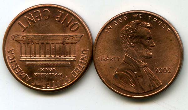 Монета 1 цент 2000г БЗМД США