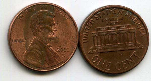 Монета 1 цент 2002г Д США