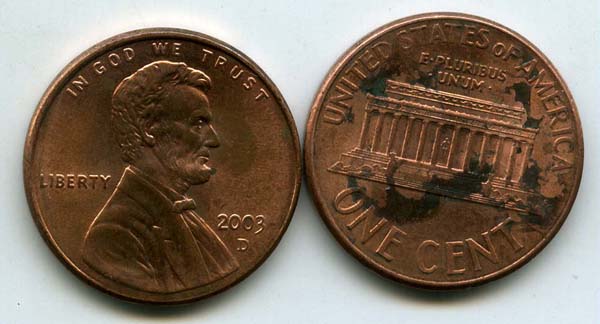 Монета 1 цент 2003г Д США