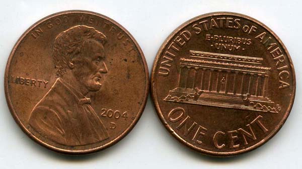 Монета 1 цент 2004г Д США