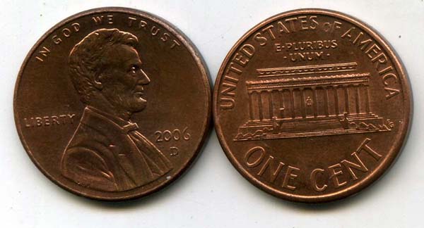 Монета 1 цент 2006г Д США