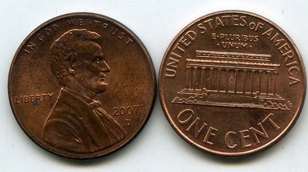 Монета 1 цент 2007г Д США