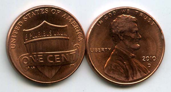 Монета 1 цент 2010г Д США