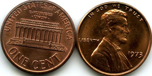 Монета 1 цент 1973г БЗМД США