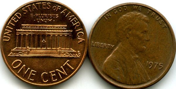 Монета 1 цент 1975г БЗМД США