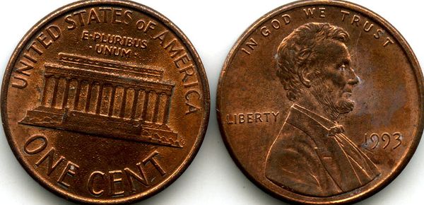 Монета 1 цент 1993г БЗМД США