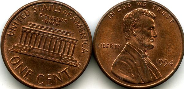 Монета 1 цент 1994г БЗМД США