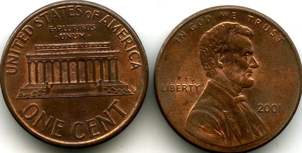 Монета 1 цент 2001г БЗМД США