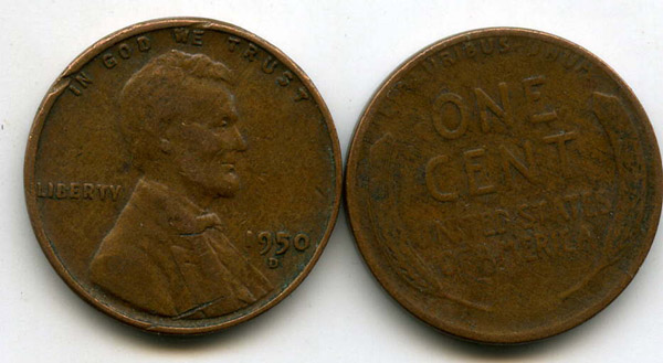 Монета 1 цент 1950г D США