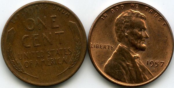 Монета 1 цент 1957г D США