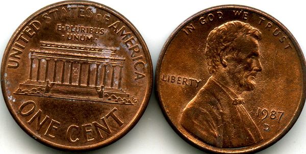 Монета 1 цент 1987г Д США
