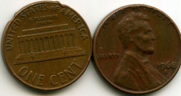 Монета 1 цент 1968г S США