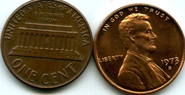 Монета 1 цент 1973г S США