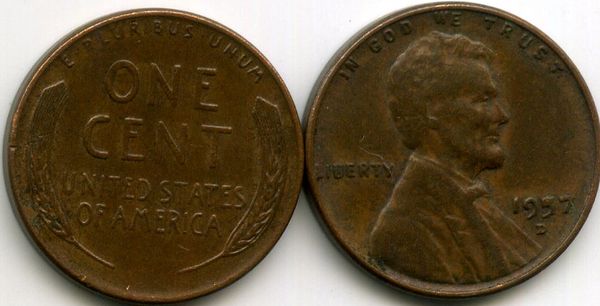 Монета 1 цент 1957г D сост США