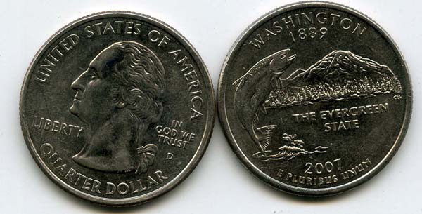 Монета 25 цент 2007г Д Вашингтон США