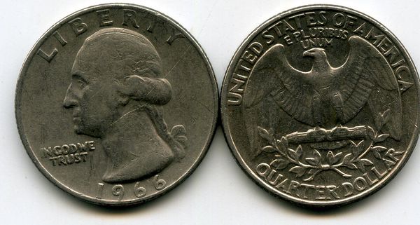 Монета 25 цент 1966г США