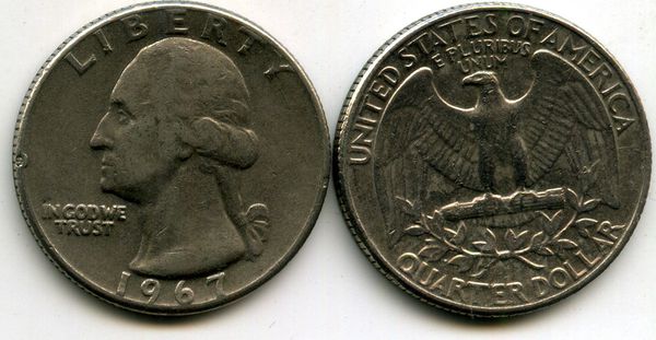 Монета 25 цент 1967г США