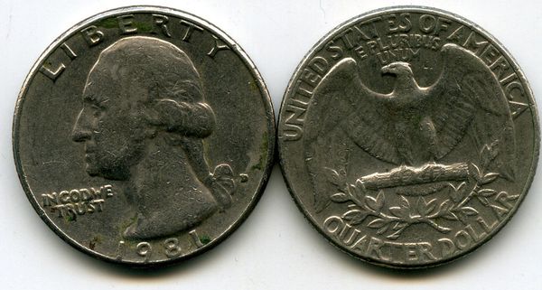 Монета 25 цент 1981г Д США