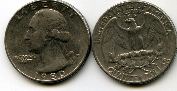 Монета 25 цент 1980г Р США