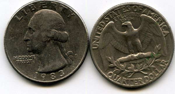 Монета 25 цент 1983г Р США