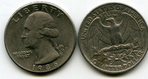 Монета 25 цент 1986г Р США