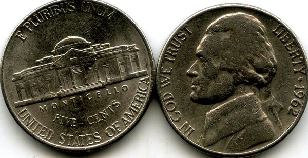 Монета 5 центов 1962г D США