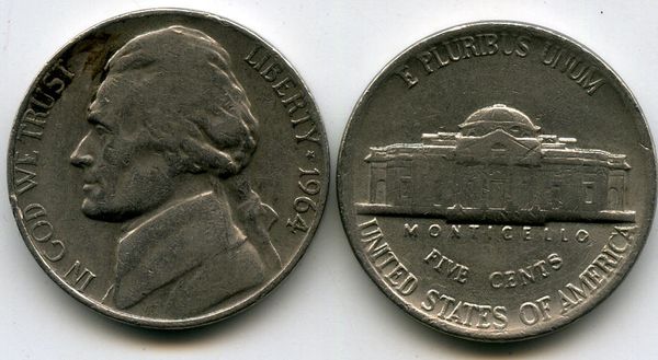 Монета 5 центов 1964г США