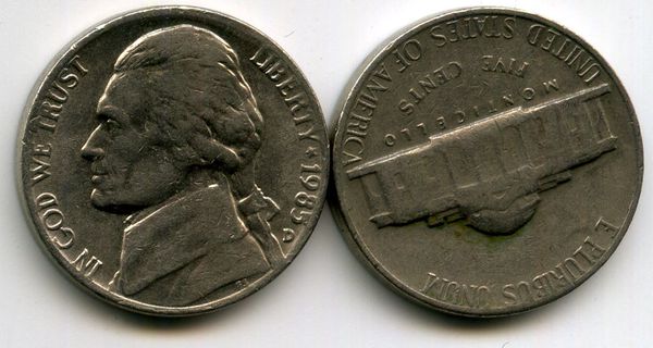 Монета 5 центов 1985г Д США