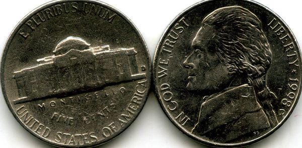 Монета 5 центов 1998г Д США