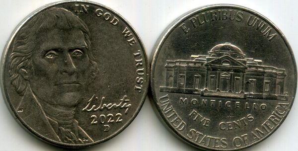 Монета 5 центов 2022г Д США