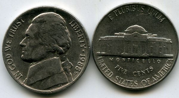 Монета 5 центов 1988г Р США